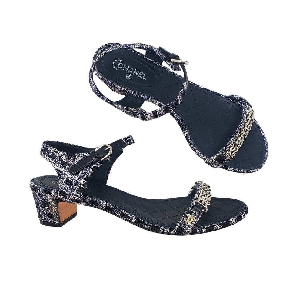 Chanel Tweed CC Logo Sandals Chain Pearl Navy Dark Grey G31705 Size 39.5 US 9.5